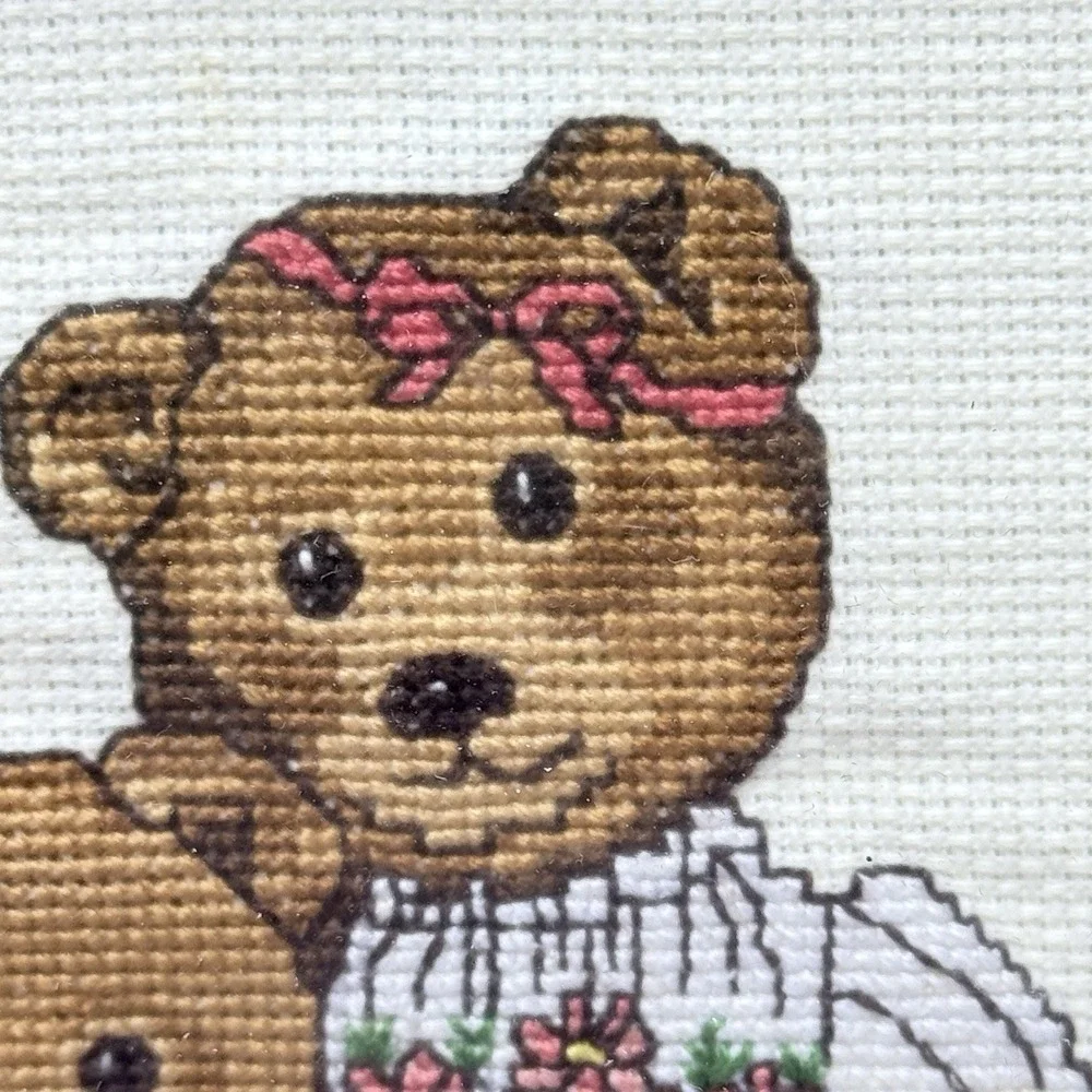 1980's Cute Teddy Bear Cross Stitch Embroidery Framed 11x14 Grandmacore Wall Art